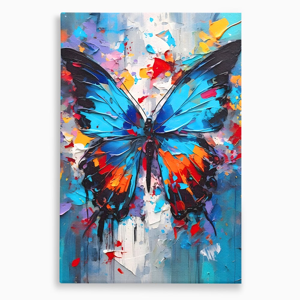 Tablou canvas cu pictura cu fluture albastru, fara rama, pe sasiu de lemn